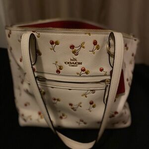 Coach White and Red Floral Tote Bag
